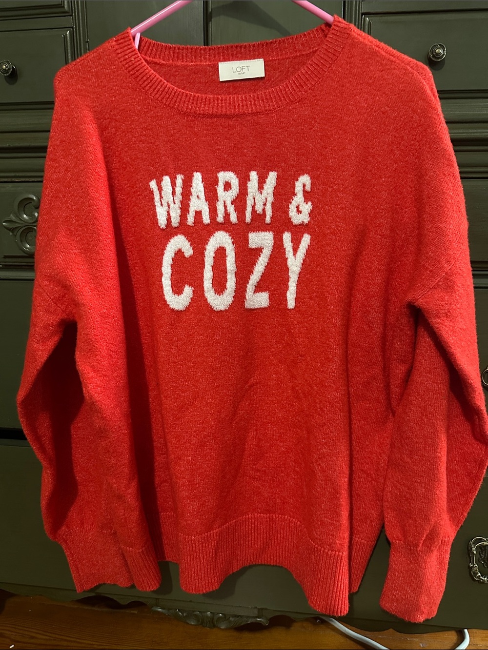 LOFT Red Crewneck Sweater with 'Warm & Cozy' Text